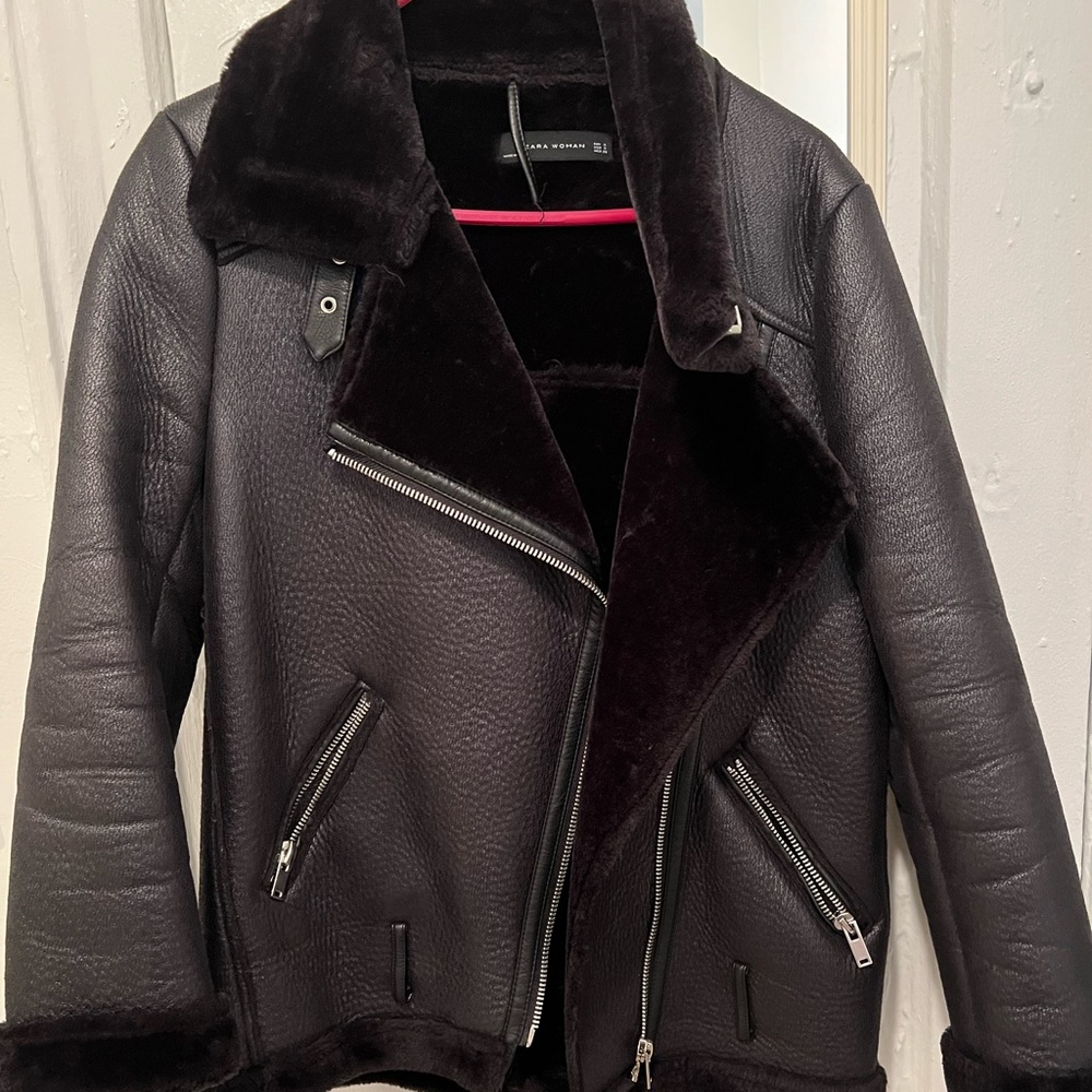 Zara Black Faux Fur Double Faced Biker Jacket